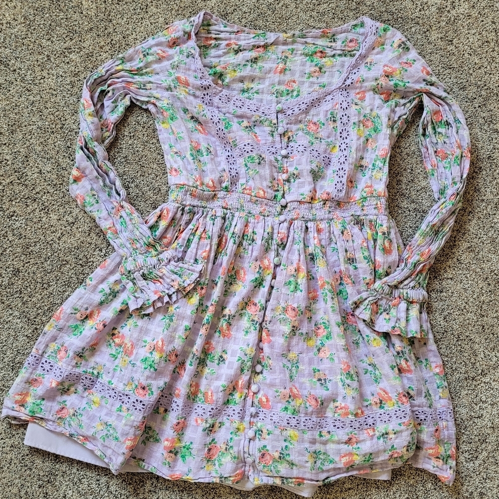 Asos Design Women Floral Purple V Neck Button Front Long Sleeve Mini Dress 12 - Picture 2 of 5